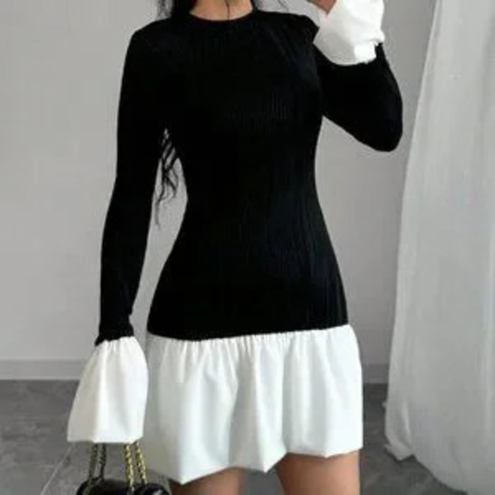ZARA Black And White Elegant Women's Romantic Round Neck Contrast Color Dress